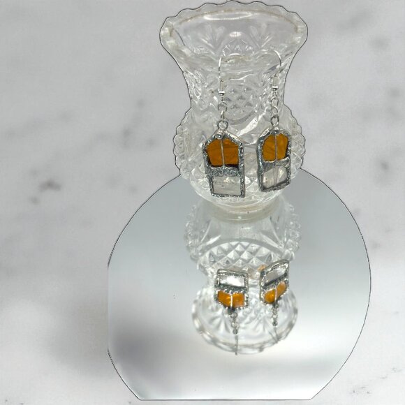 Amber & Clear Stained Glass Dangle Artisan Earrings W/ Silver Solder & 925 Hooks - Picture 10 of 15